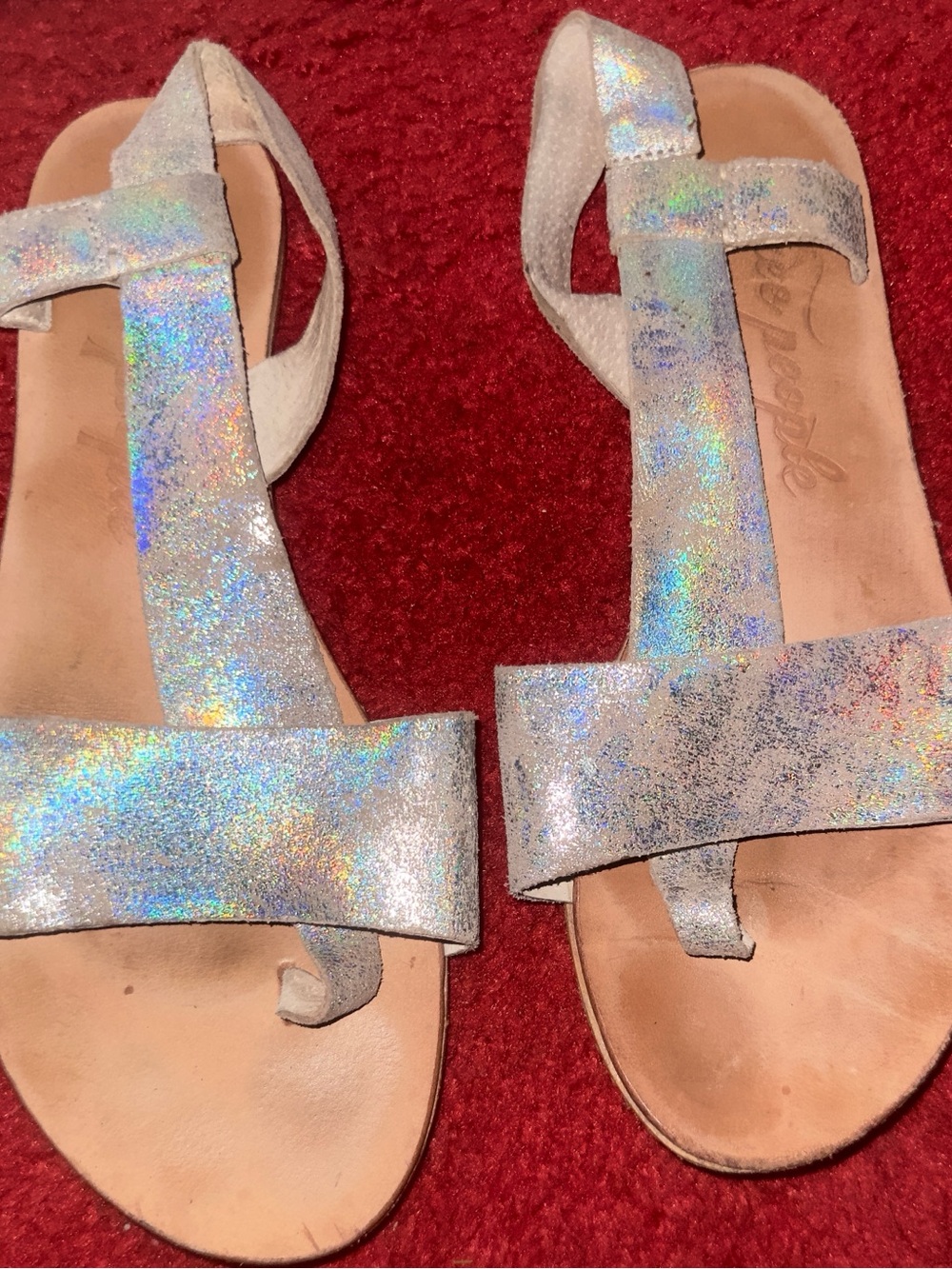 Free People Holographic Iridescent T-Strap Sandals